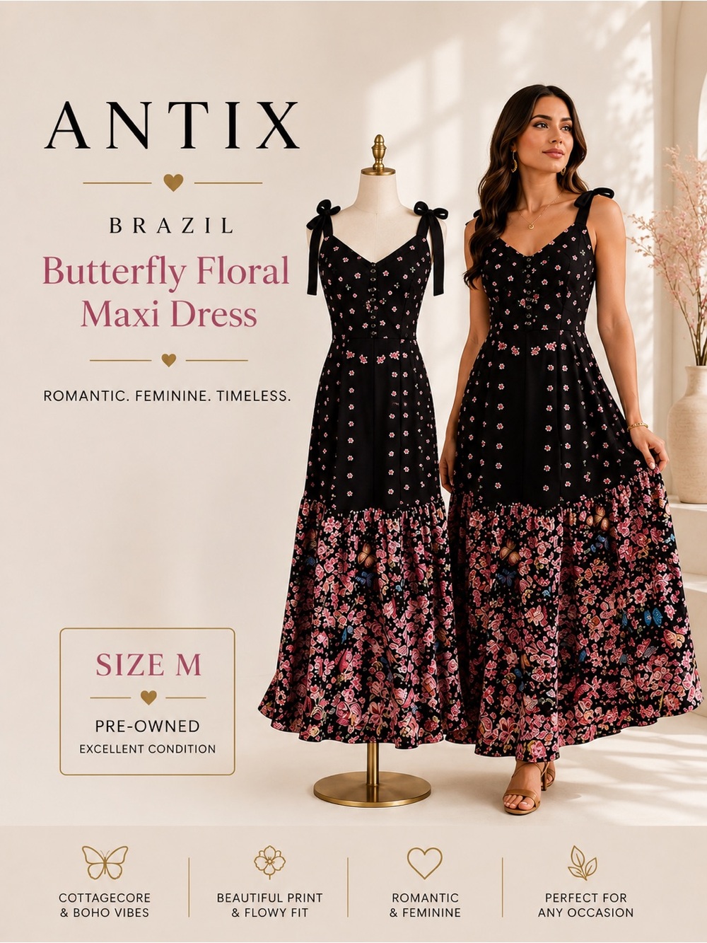 Antix Brazil Butterfly Floral Maxi Dress M Romantic Cottagecore Boho Fairy